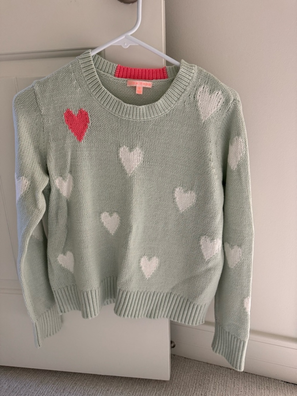 Lisa Todd Mint Green Heart Crewneck Sweater with Pink Accent size small